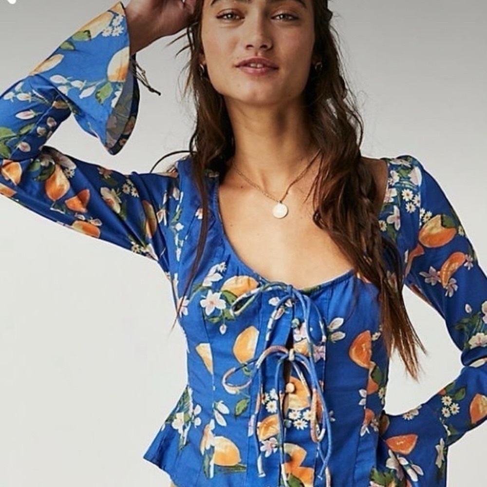 Free People Kayla Pintuck Smocked Corset Top in Blue Orange Floral